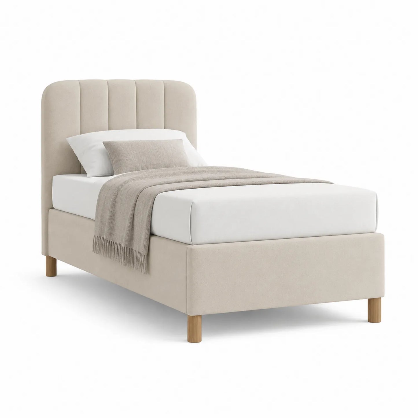 Einzelbett mit Kopfteil aus Stoff und Holzfüßen 200x90 cm