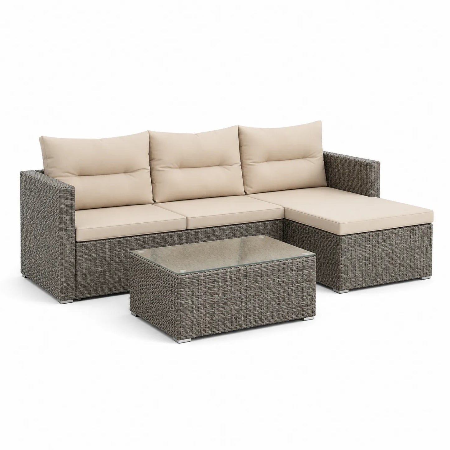 Gartenmöbelset aus Polyrattan mit Glastisch in Beige