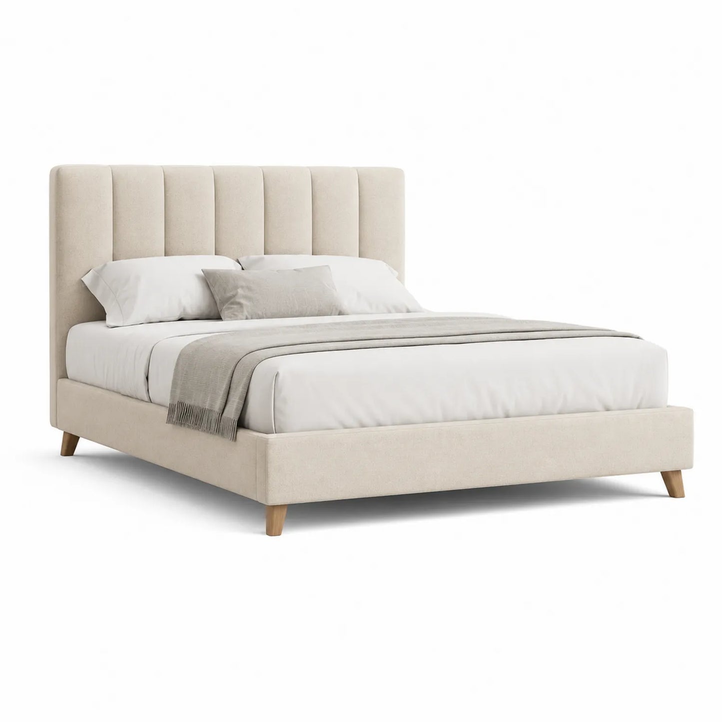 Polsterbett mit Kopfteil Stoff Beige Eichenholzbeine