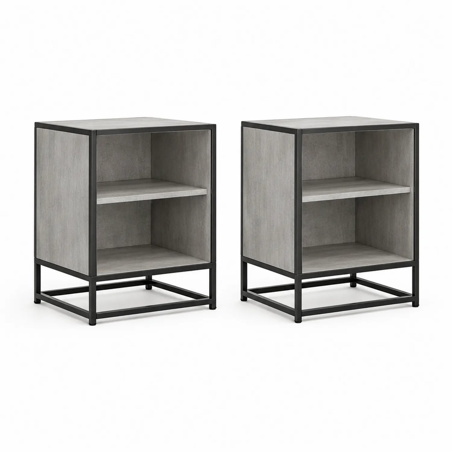 2er Set Nachttisch mit Regal MDF Betonoptik mit Metallrahmen Grau