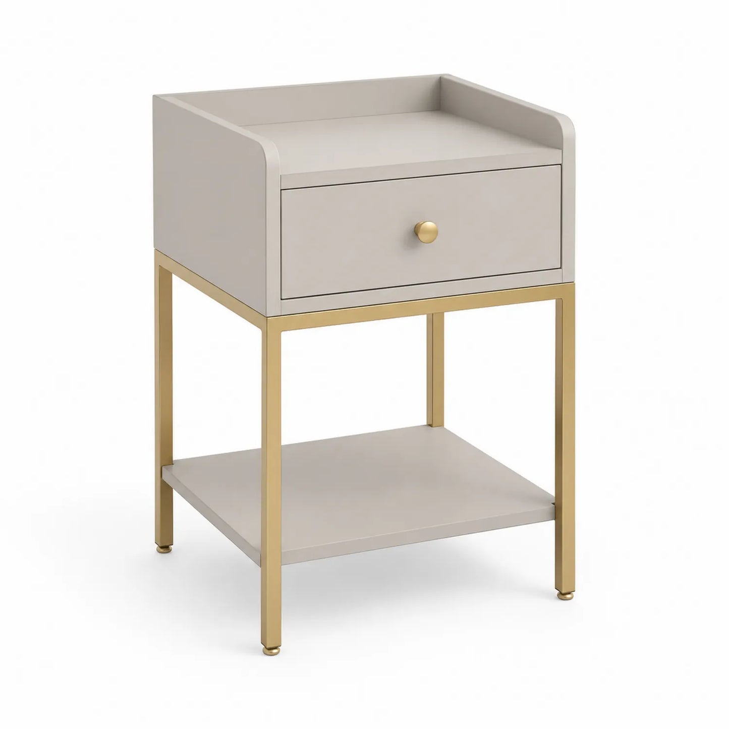 Beistelltisch mit Schublade und Regal, Holzfurnier und Metall, Beige/Gold, 45x35x65 cm