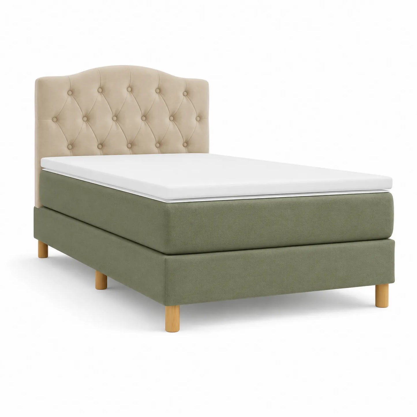 Boxspringbett 90x200 cm mit Kopfteil in Beige und grünem Stoff