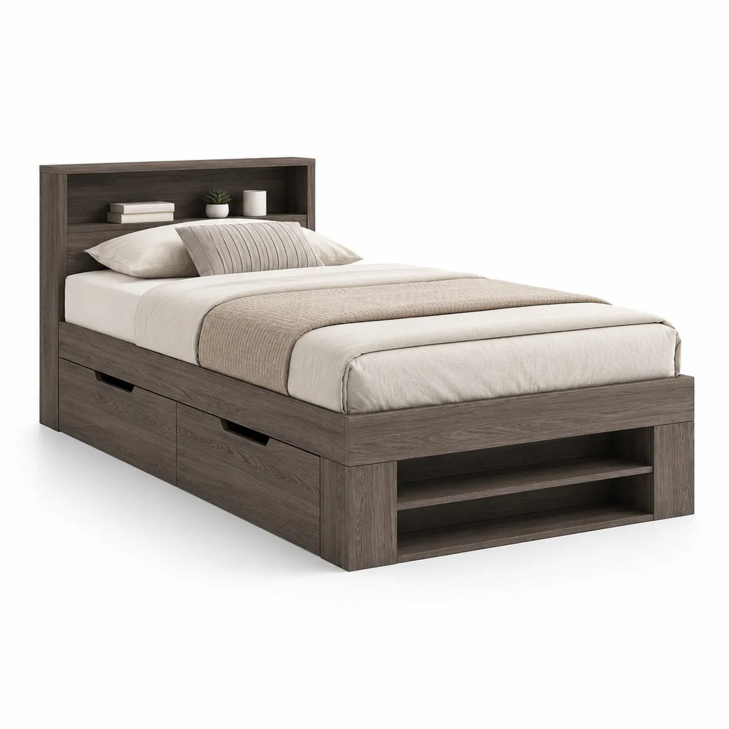 Einzelbett Holz mit Schubladen und Regal 200x90cm Eiche