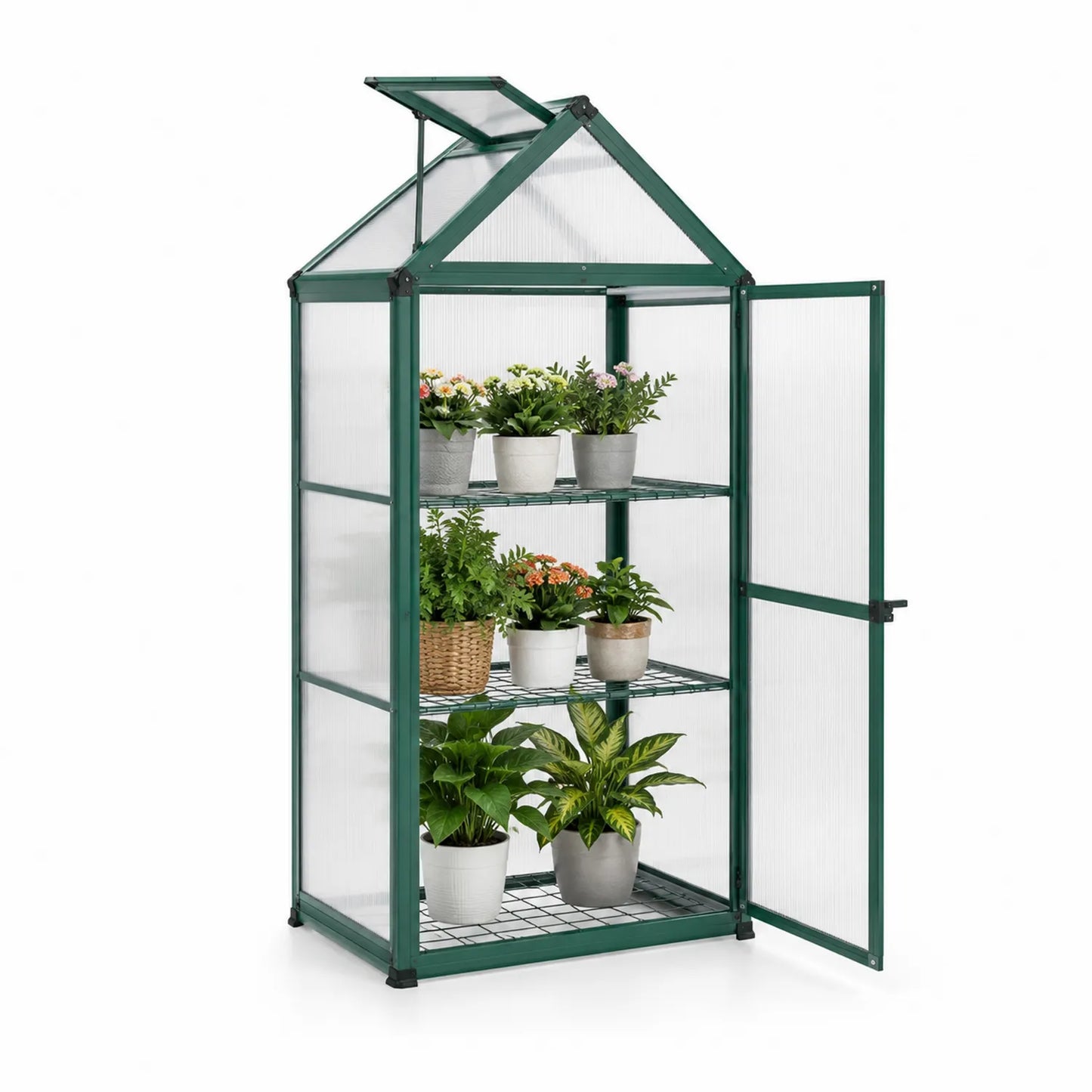 Metall-Gewächshaus mit Polycarbonat und 3 Regalböden Grün 125x56x170 cm