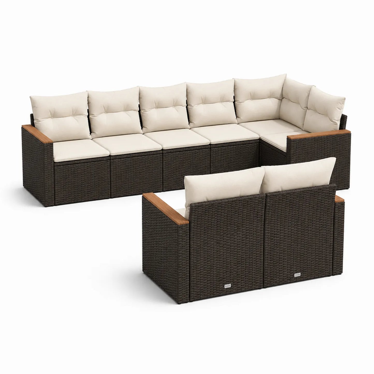 6-teiliges Outdoor-Ecksofa-Set aus Polyrattan in Braun mit beigen Kissen