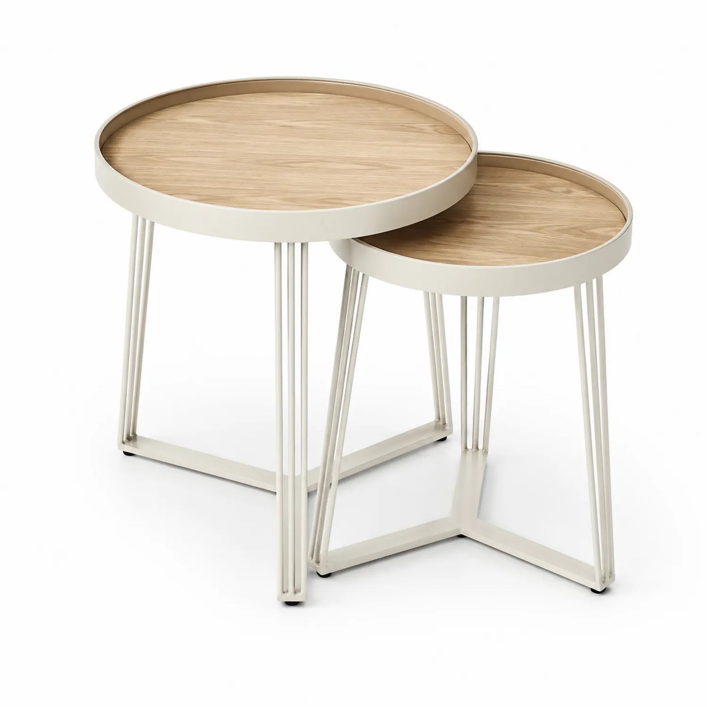 Runder Beistelltisch Set aus Holz und Metall, Eiche/Weiß