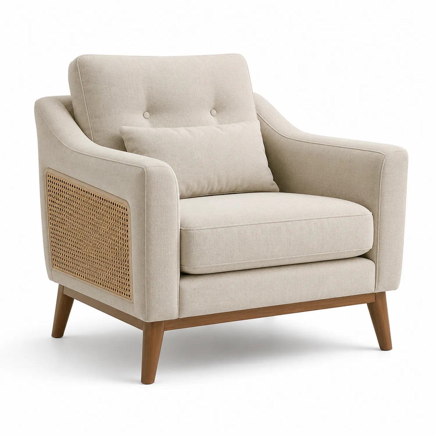 Beiger Sessel mit Holzrahmen und Rattan-Details