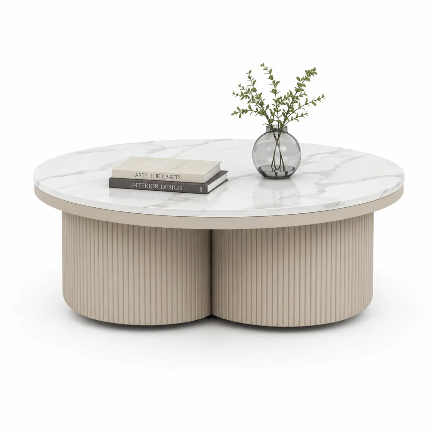 Runder Couchtisch mit Marmor-Tischplatte und Holzlamellenbasis 100 cm Weiß/Beige