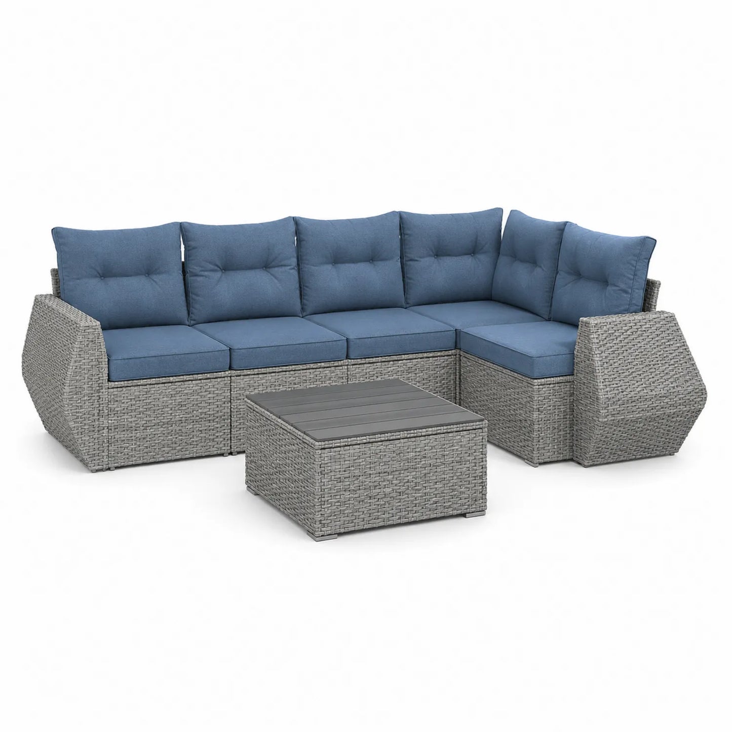 Garten Rattan Sofa-Set 6-Sitzer Grau Blau mit Tisch