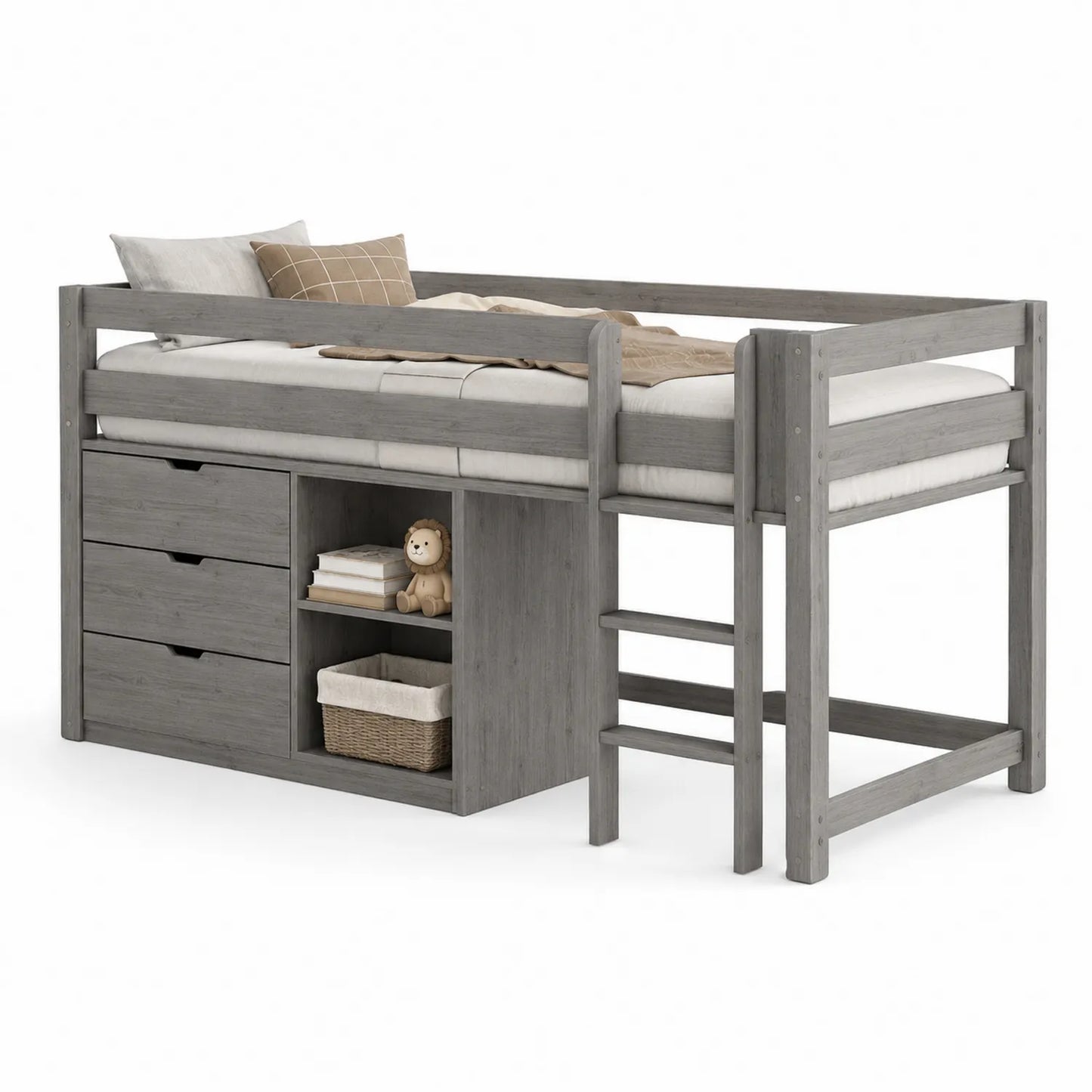 Halbhohes Kiefernholz-Bett mit Leiter und Stauraum Grau 200x90 cm