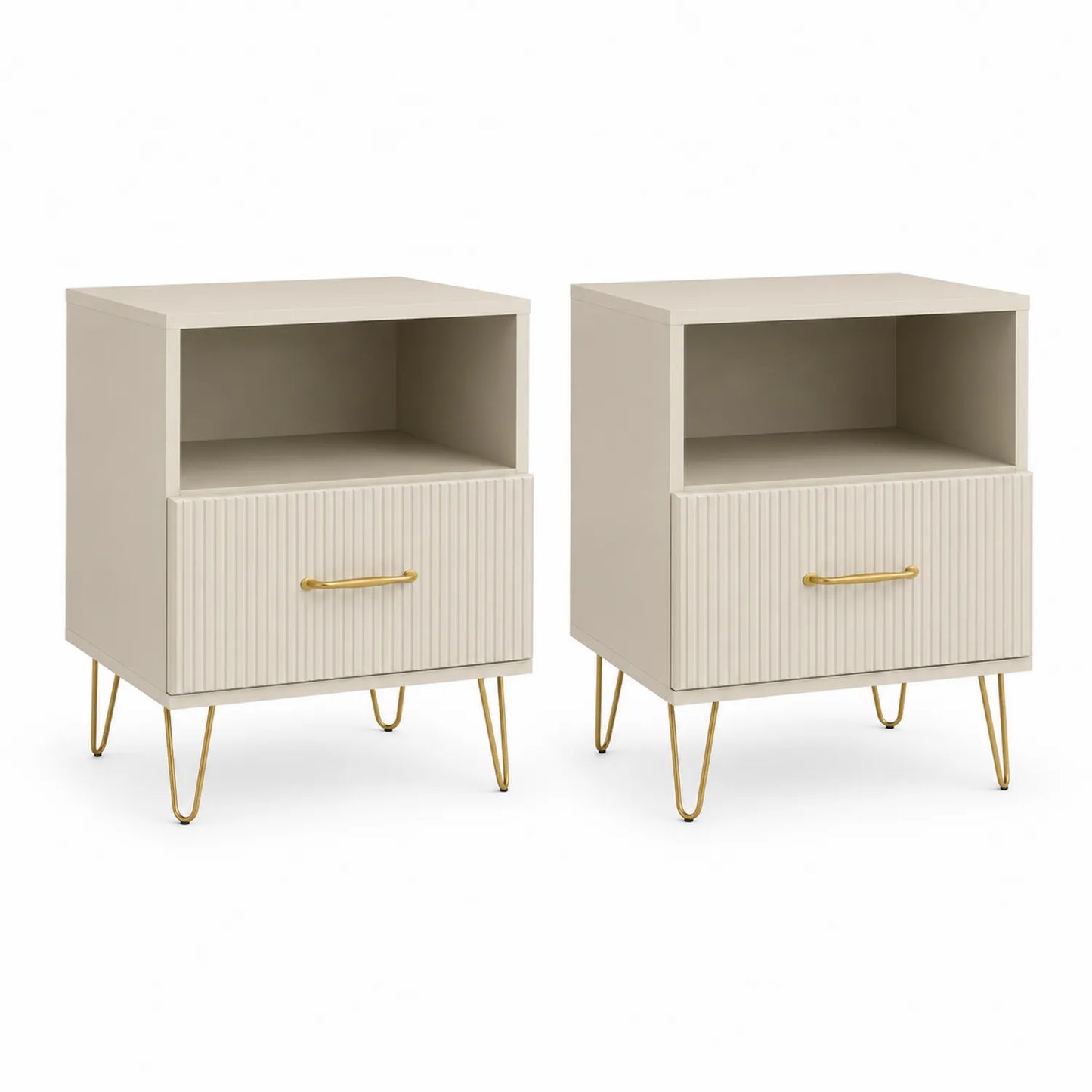 Set aus 2 Nachttischen mit Schublade und Regal MDF Metall Beige Gold