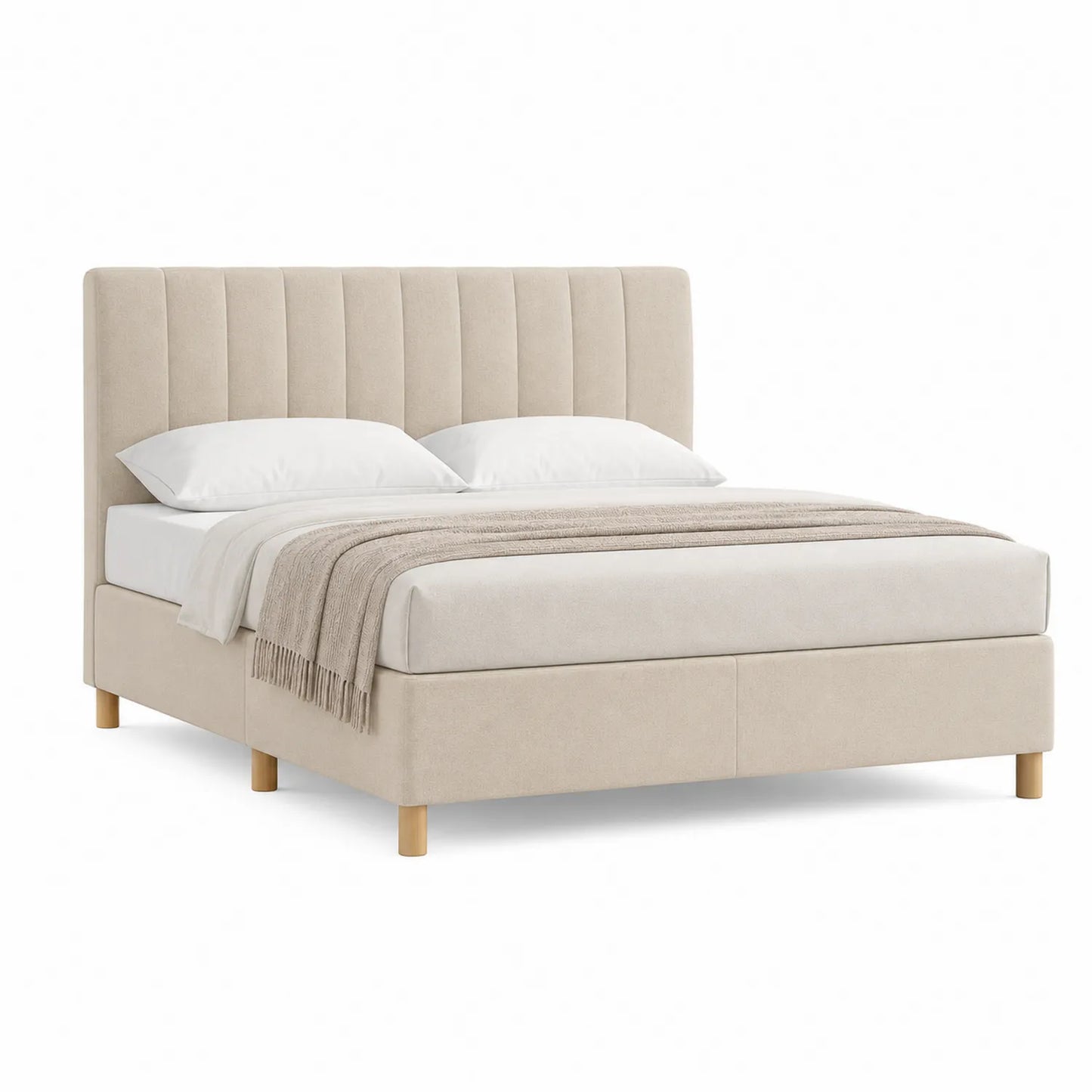 Doppelbett mit Textilbezug 200x180cm Beige Massivholzfüße