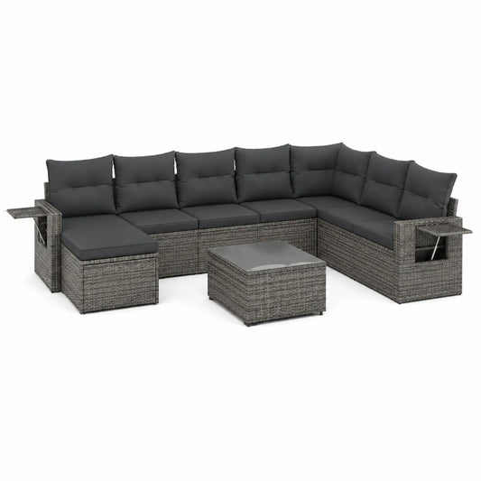Rattan Ecksofa Set mit Stauraumtisch in Dunkelgrau