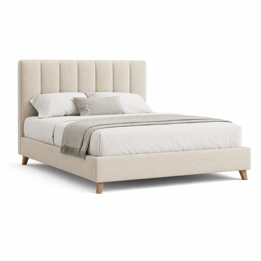 Polsterbett mit Kopfteil Stoff Beige Eichenholzbeine