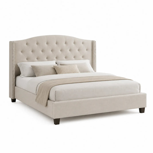 Beige Polsterbett aus Leinen mit hohem Kopfteil 200x200 cm