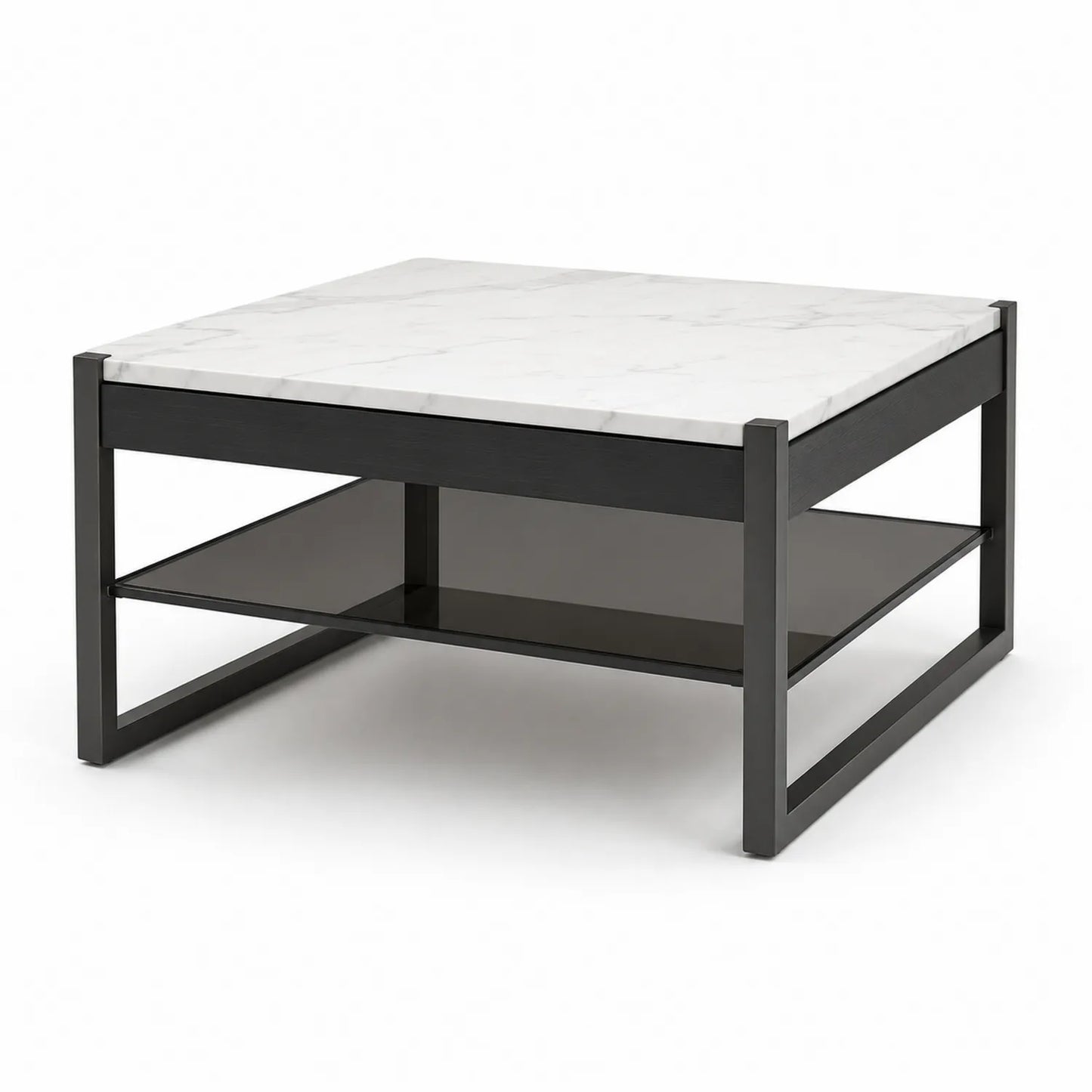 Quadratischer Couchtisch aus Marmor und Glas mit Metallgestell Schwarz 80x80x45 cm