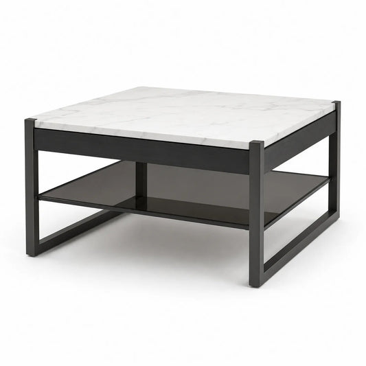 Quadratischer Couchtisch aus Marmor und Glas mit Metallgestell Schwarz 80x80x45 cm
