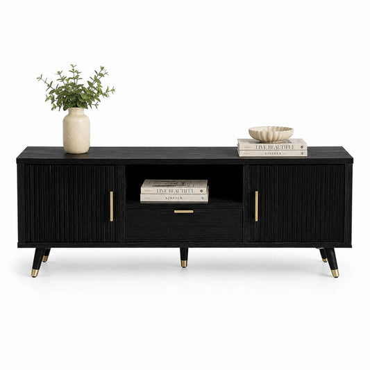 TV-Schrank Holz schwarz mit Schublade und Türen