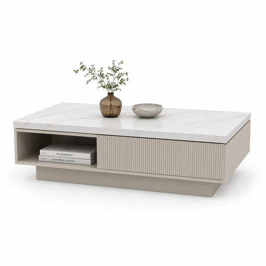 Rechteckiger Couchtisch mit Kunstmarmor und MDF-Holzgestell 100x60x40 cm Weiß Beige