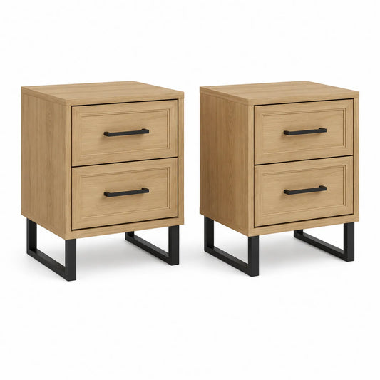Holz Nachttisch-Set mit 2 Schubladen und Metallgestell