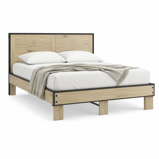 Holz- und Metallbett 140x200cm Eichenfurnier-Optik
