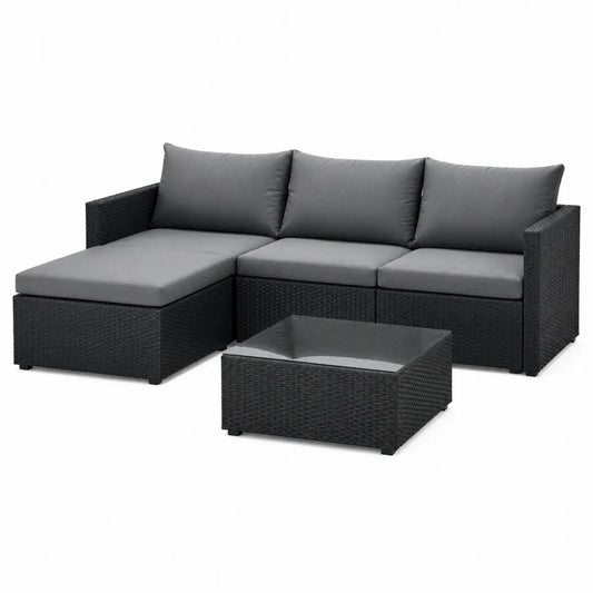 Polyrattan Gartenmöbel Set mit Ecksofa und Tisch in Grau/Schwarz