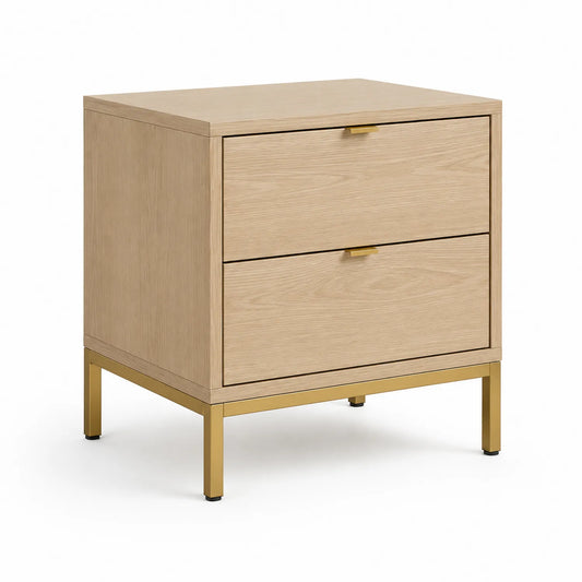 Nachttisch aus MDF Eichenfurnier mit Metallbeinen, 2 Schubladen, Hellbraun/Gold, 45x40x55cm