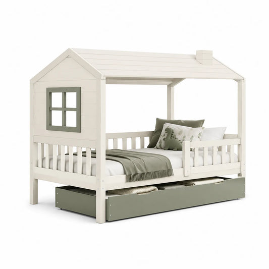 Holzhausbett für Kinder mit Rausfallschutz, Kiefer, 200x90 cm, Weiß/Olive