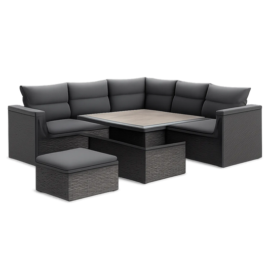 Ecksofa Gartenmöbel-Set aus Polyrattan mit Tisch in Dunkelgrau