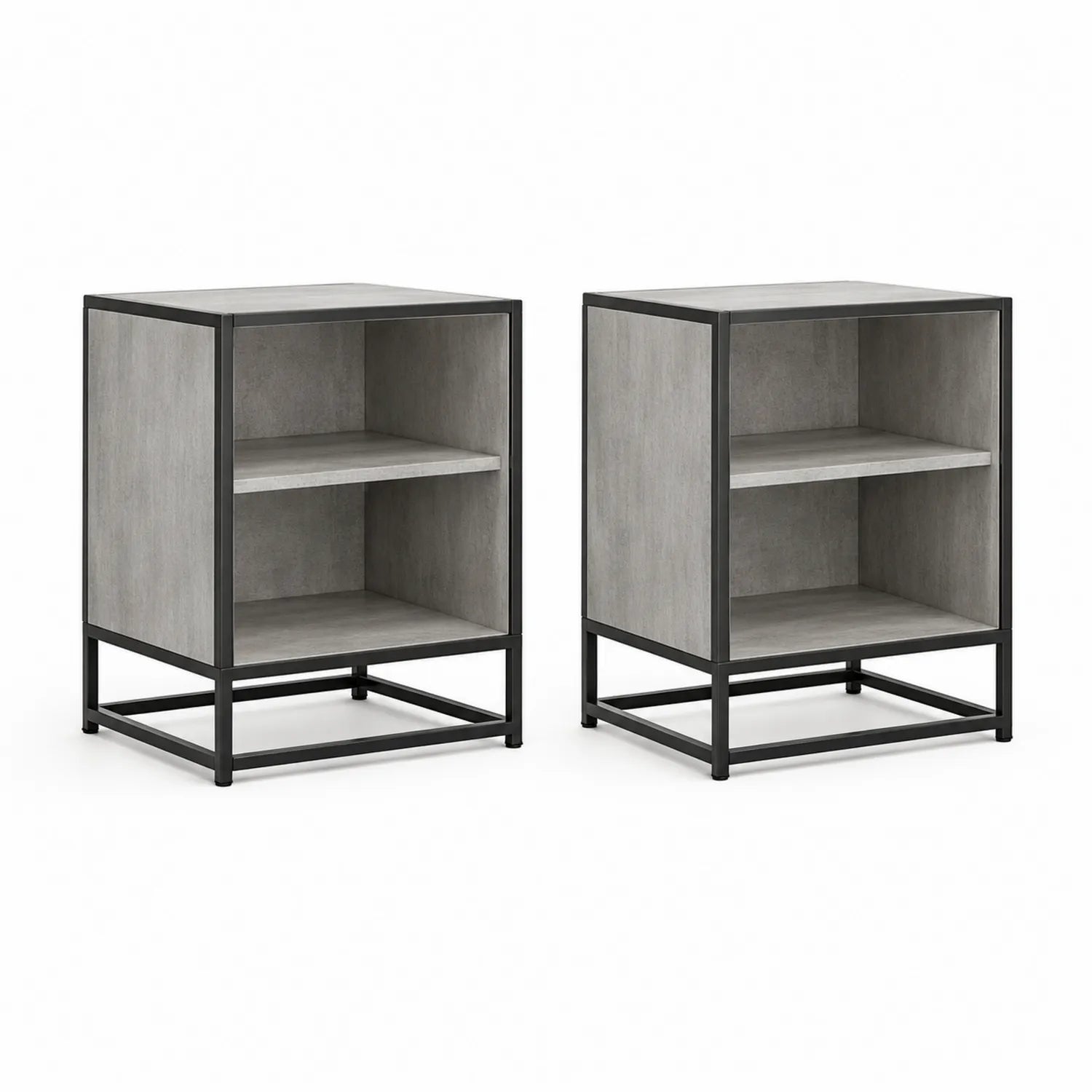 2er Set Nachttisch mit Regal MDF Betonoptik mit Metallrahmen Grau
