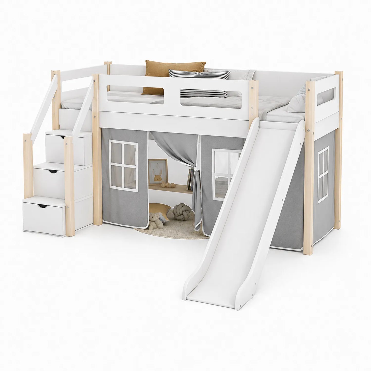 Kinderhochbett mit Rutsche und Stauraumtreppe aus Holz 200x90 cm Weiß/Grau
