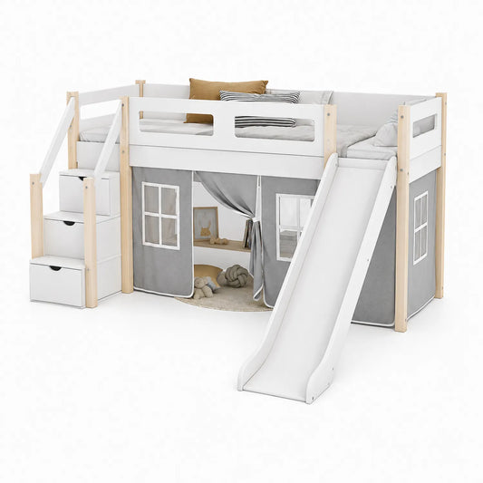 Kinderhochbett mit Rutsche und Stauraumtreppe aus Holz 200x90 cm Weiß/Grau