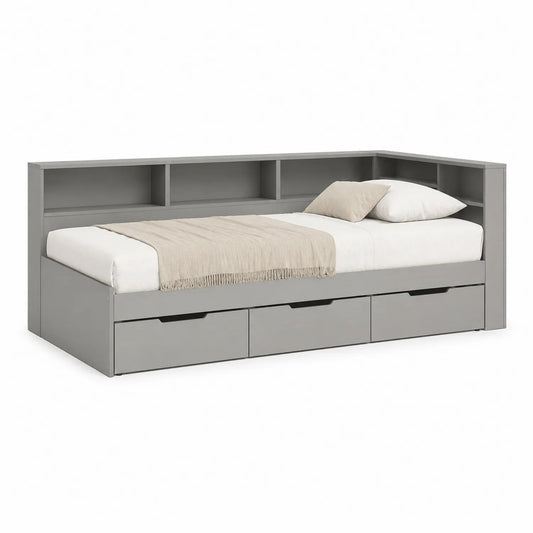 Holz Tagesbett mit Regalen und Stauraum Grau 200x90x80cm