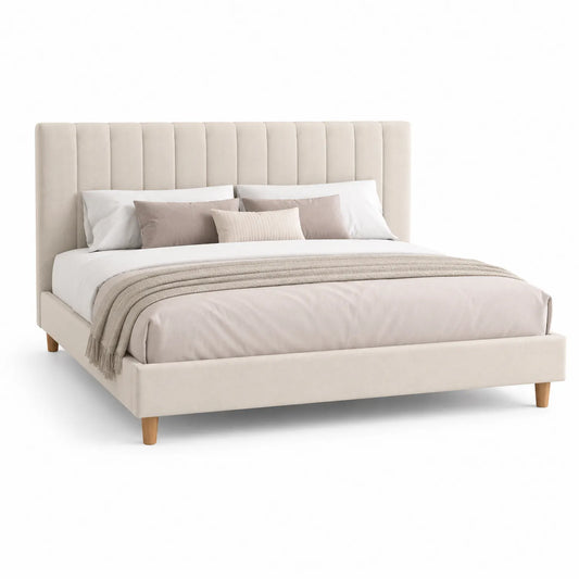 Samtbett Kingsize Beige mit Eichenholzfüßen 200x180 cm