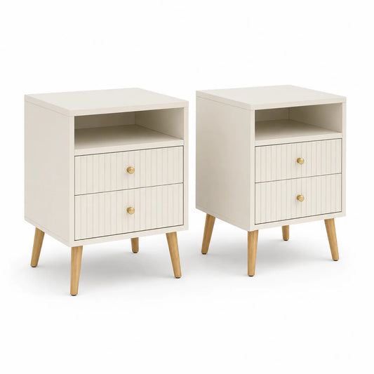 Beige Nachttisch-Set aus MDF und Holzbeinen