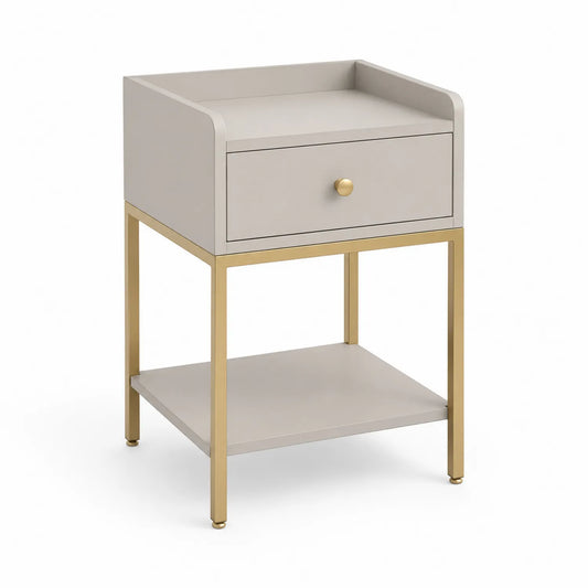 Beistelltisch mit Schublade und Regal, Holzfurnier und Metall, Beige/Gold, 45x35x65 cm