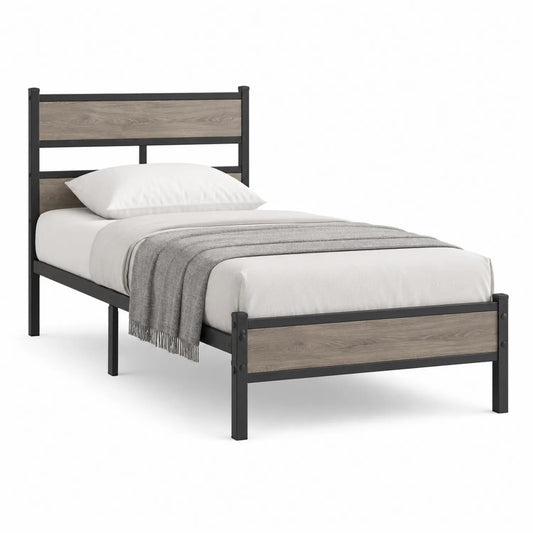 Einzelbett Metallgestell mit MDF Holzoptik 90x200 cm Schwarz