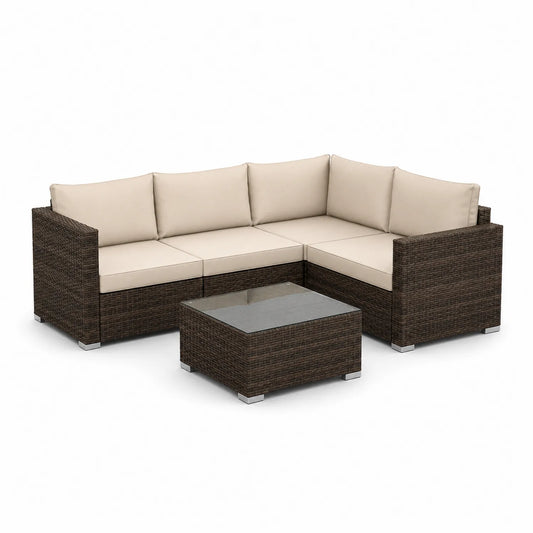Rattan Gartensofa Set Braun Beige L-förmig mit Tisch Glasplatte