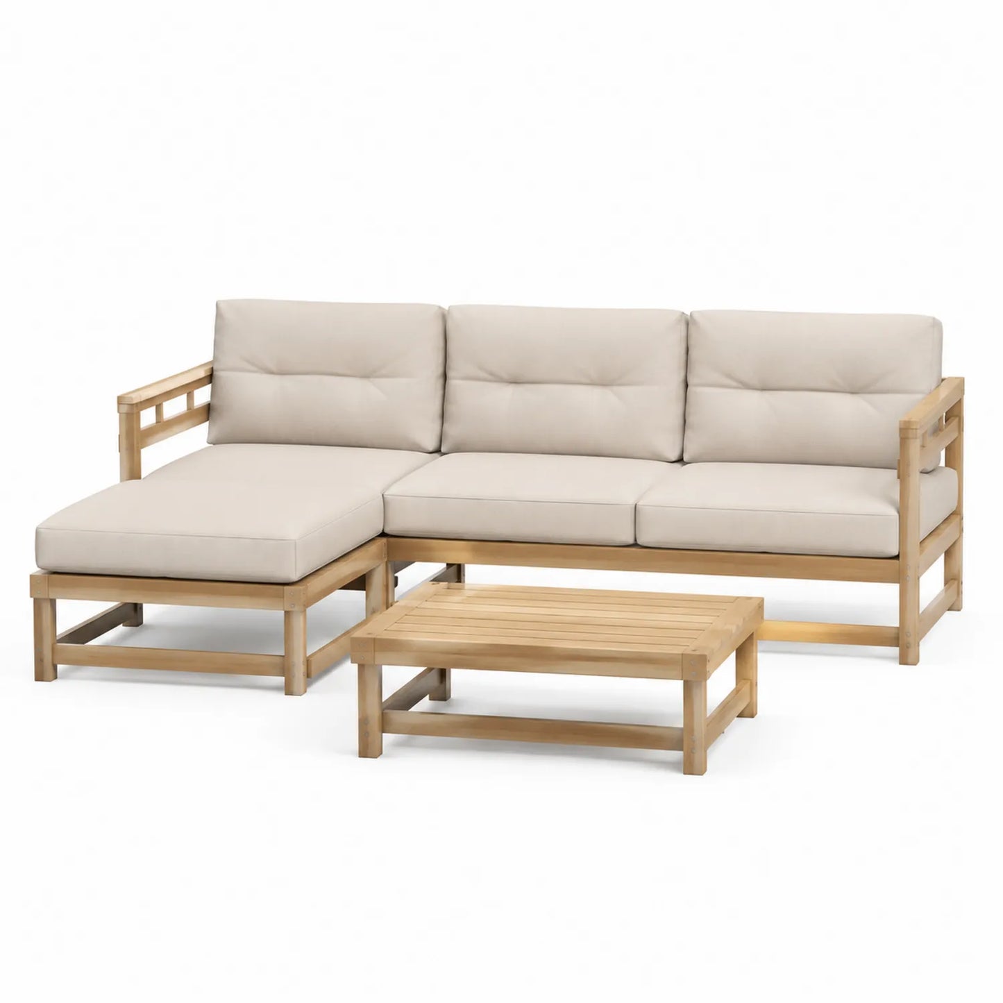 Teakholz Gartensofa Set mit beigem Polster