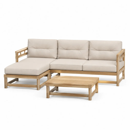 Teakholz Gartensofa Set mit beigem Polster