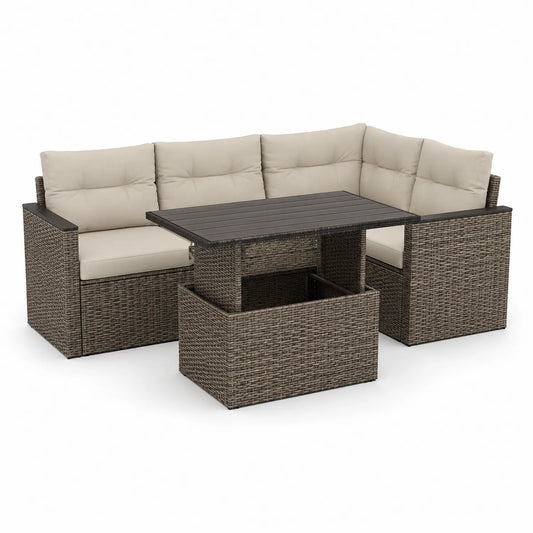 Rattan Ecksofa-Set mit Tisch und Polyesterkissen