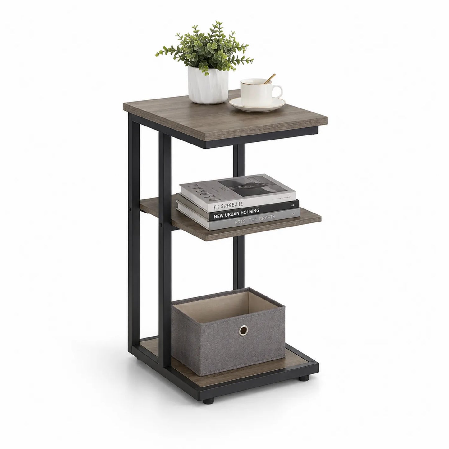 Beistelltisch mit 2 Regalböden Holzoptik Metallrahmen