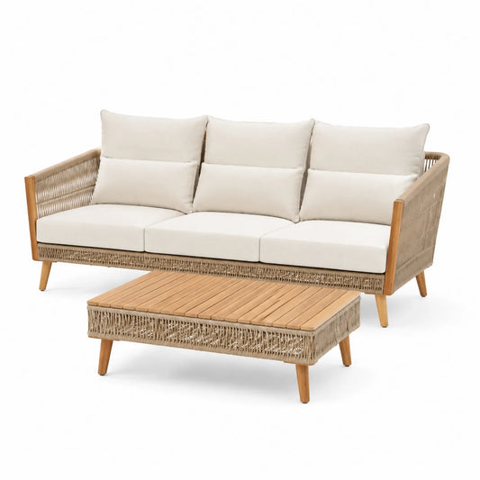 Gartenmöbel-Set mit 3-Sitzer-Sofa und Tisch aus Teakholz und Polyesterseil, beige
