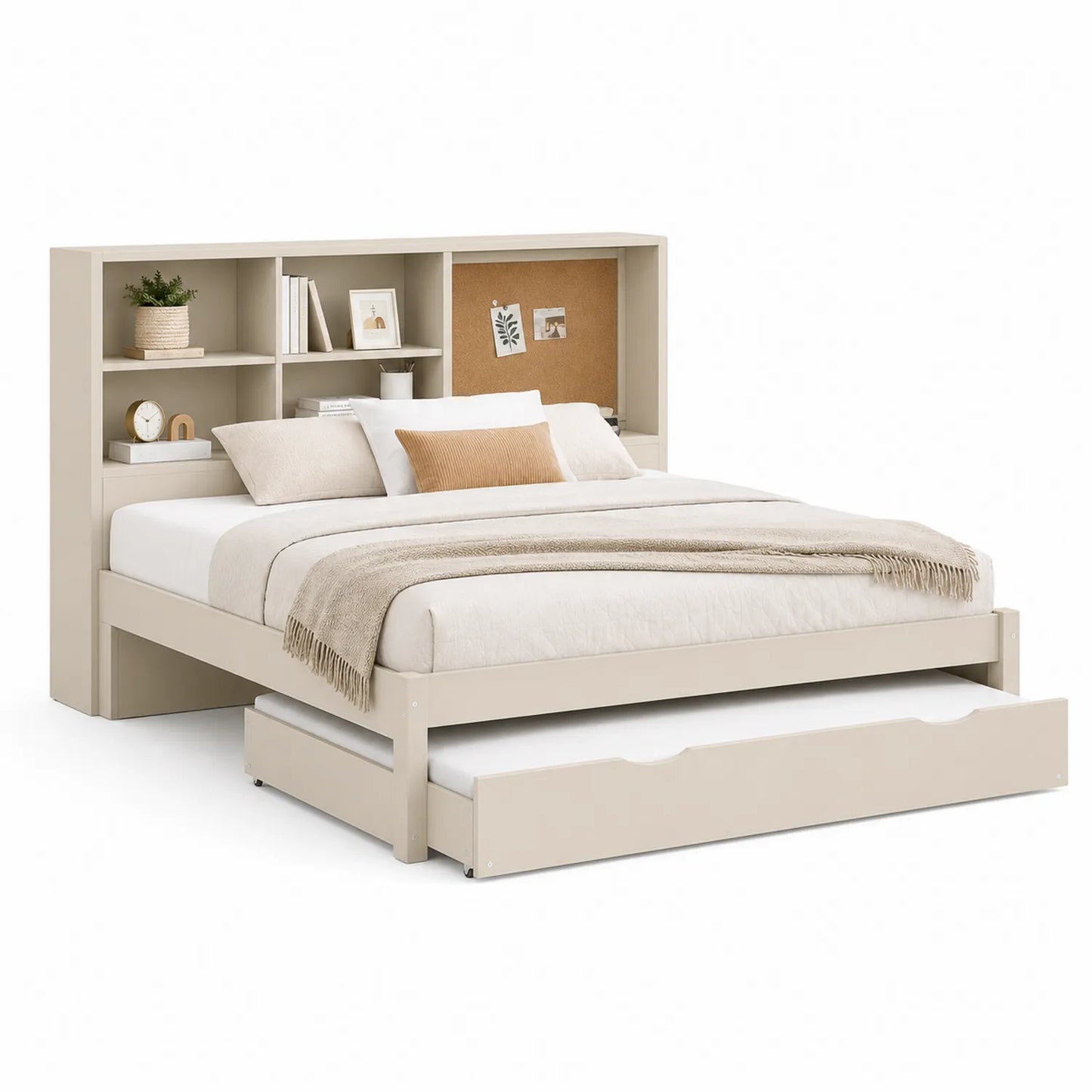 Holzbett mit Regal-Kopfteil und Schubladen 140x200 cm Beige