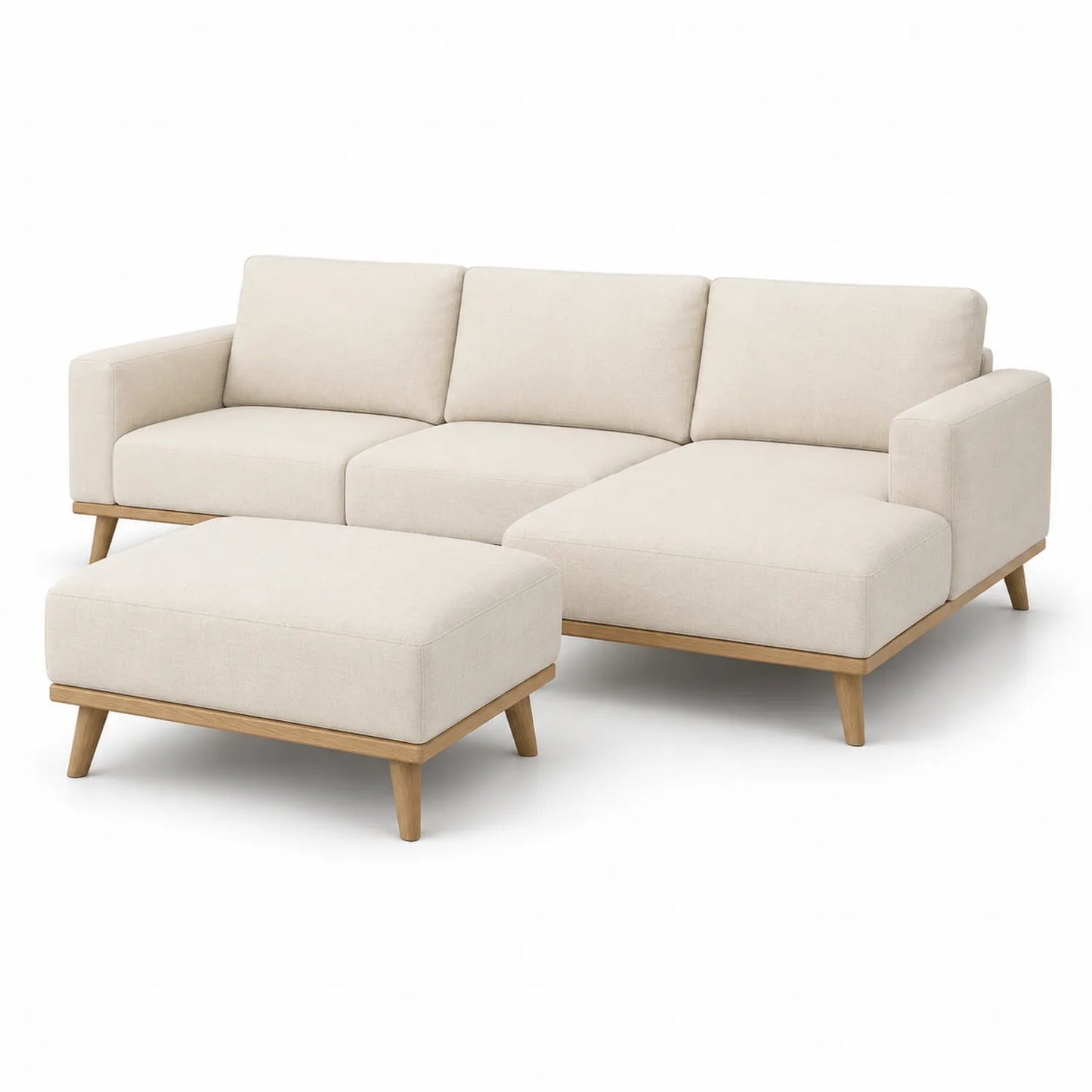 Ecksofa Set Beige Stoff Massivholzeiche
