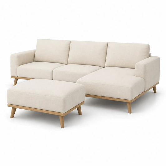 Ecksofa Set Beige Stoff Massivholzeiche