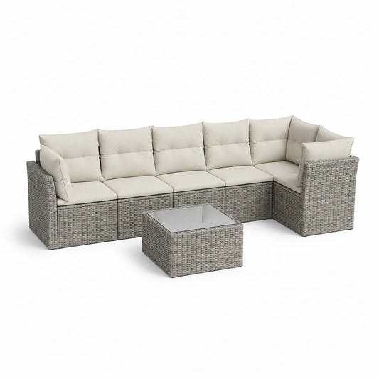 Gartensofa-Set aus Rattan mit Polyesterkissen und Tisch mit Glasplatte