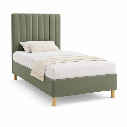 Einzelbett Stoff mit hohem Kopfteil Olivgrün 90x200 cm