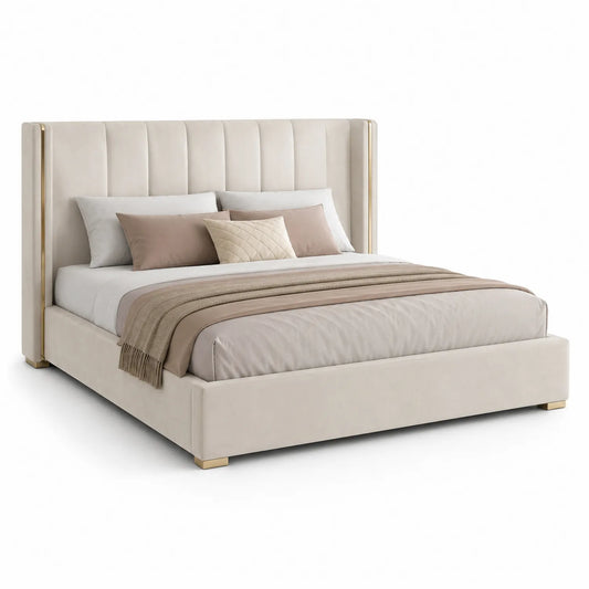 Polsterbett Samt Beige mit gepolstertem Kopfteil 200x180 cm