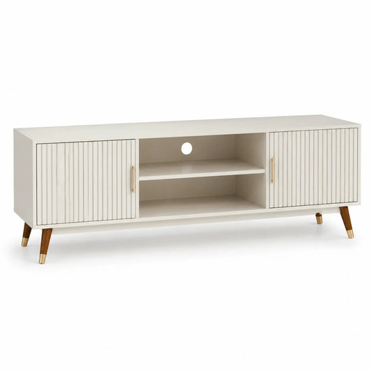 Holz TV-Schrank mit Türen und Regal in Weiß 160x40x50cm